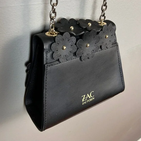 Whimsical Minimalist Zac Posen Black Eatha Mini bag Floral Chain Crossbody Y2K - Picture 12 of 15